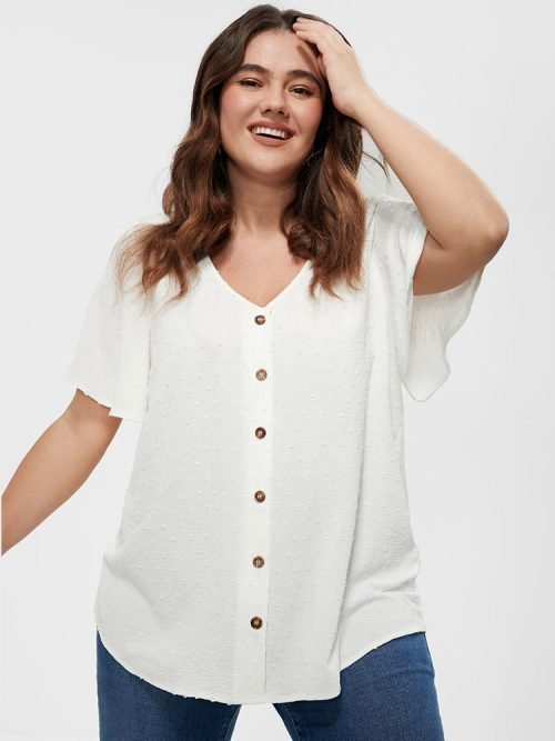 Solid Button V Neck Ruffles Blouse