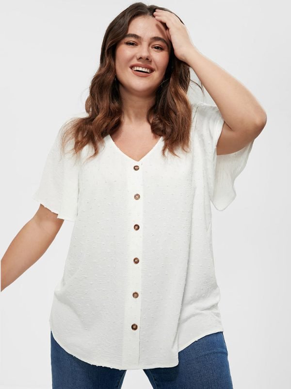 Solid Button V Neck Ruffles Blouse