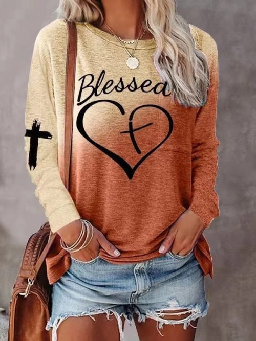 Colorblock Letter Cross Print Casual Top