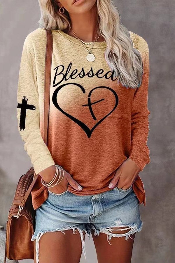 Colorblock Letter Cross Print Casual Top