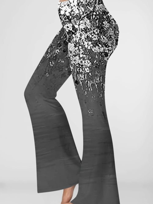 Women'sPlus Size Casual Black Floral Print Hight Waist Bell Bottom Pants