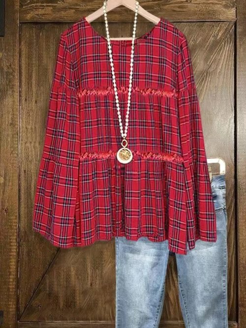 Vintage Plaid Pattern Frayed Pleated Top