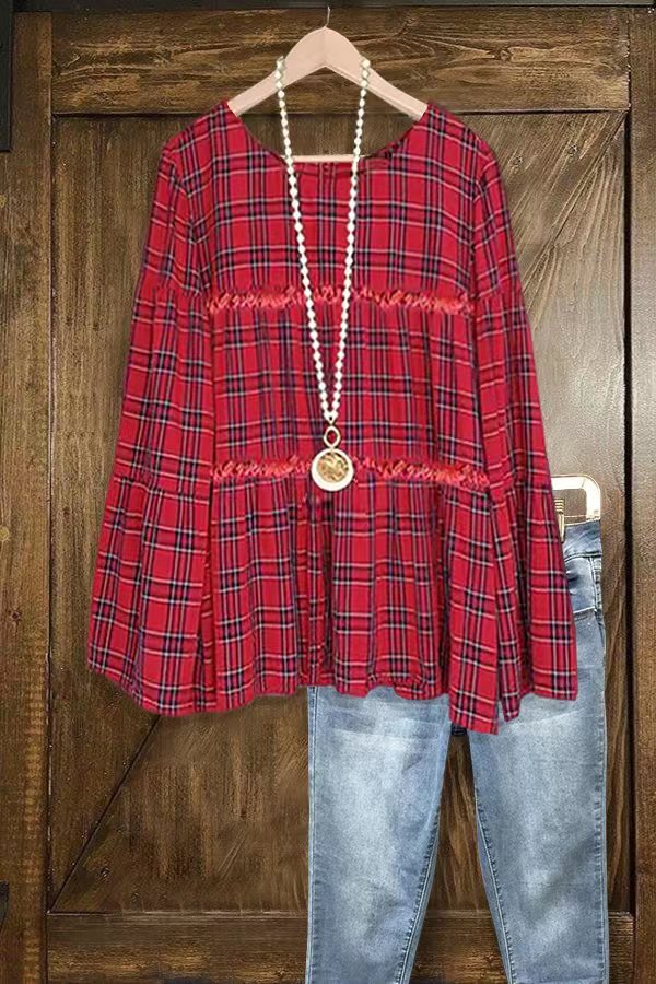 Vintage Plaid Pattern Frayed Pleated Top