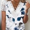 Women's Short Sleeve V Neck Lace Floral Printed Fashion Casual Top