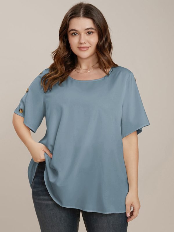 Plain Round Neck Button Detail Blouse