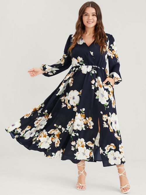Bloom Dress - Floral Lantern Sleeve Pocket Split Surplice Neck Flutter Maxi Dress