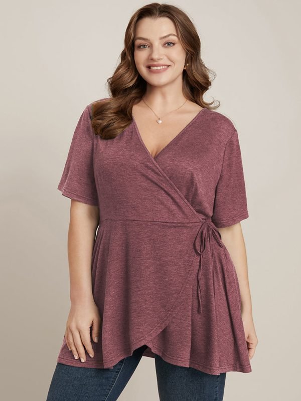Plain Surplice Neck Tie Side Asymmetrical Hem T-shirt