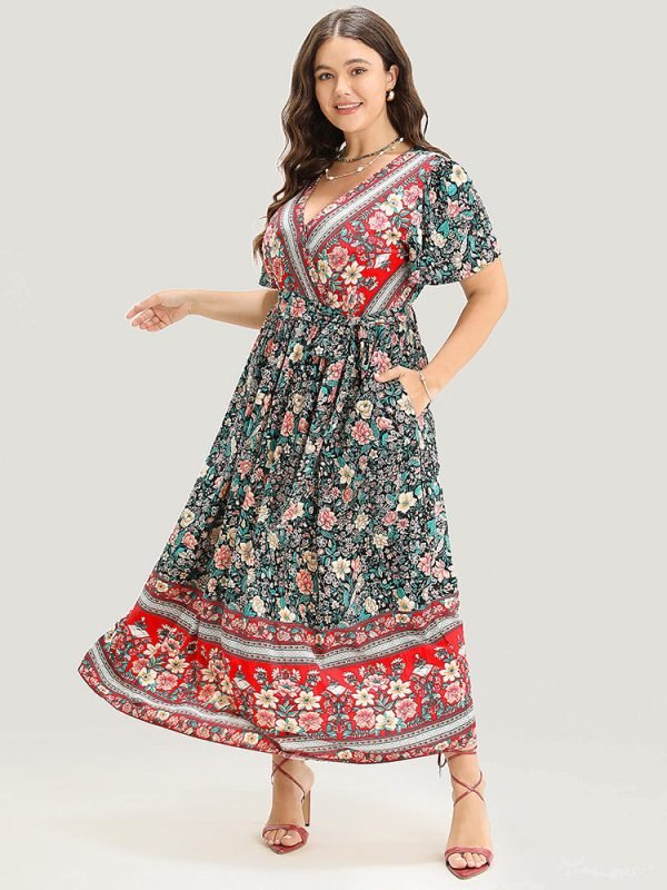 Bandana Surplice Neck Pocket Belted Flutter Hem Maxi Dress