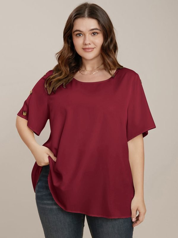 Plain Round Neck Button Detail Blouse