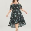 Floral Cold Shoulder Pocket Ruffle Belted High Low Hem Dress