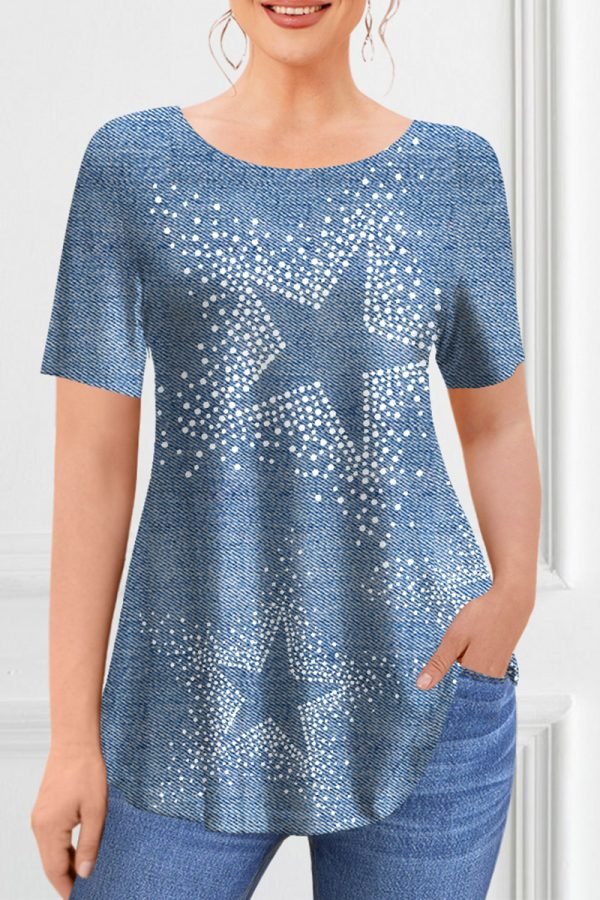 Plus Size Casual Navy Blue Ombre Denim Print Two Piece Pant Set