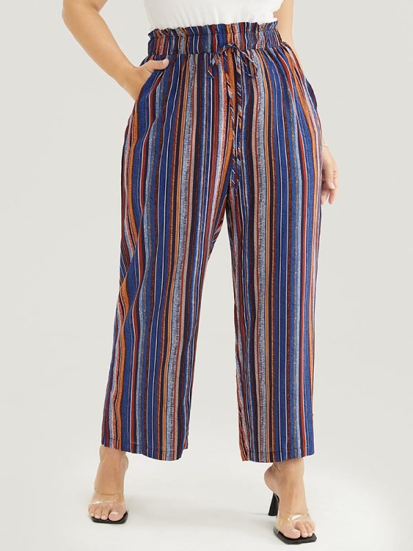 Striped Contrast Paperbag Waist Ties Up Pocket  Pants