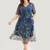 Floral Embroidered Pocket Mesh Elastic Waist Surplice Neck  Dress