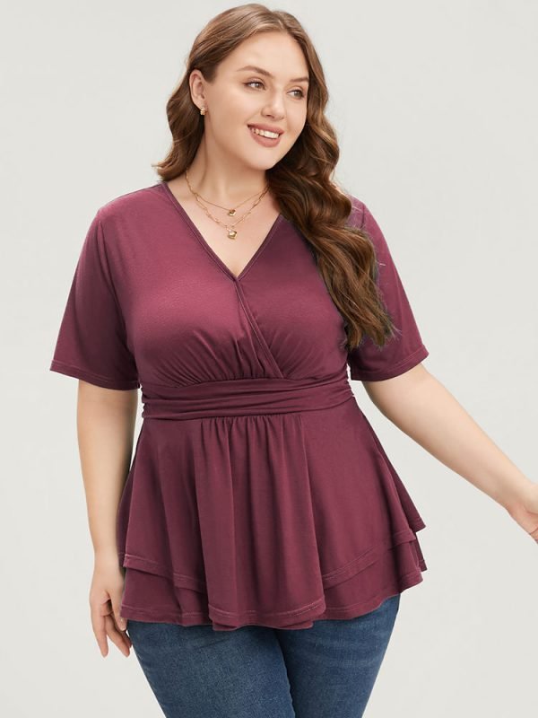 Plain Surplice Neck Gathered Ruffles Asymmetrical Hem T-shirt