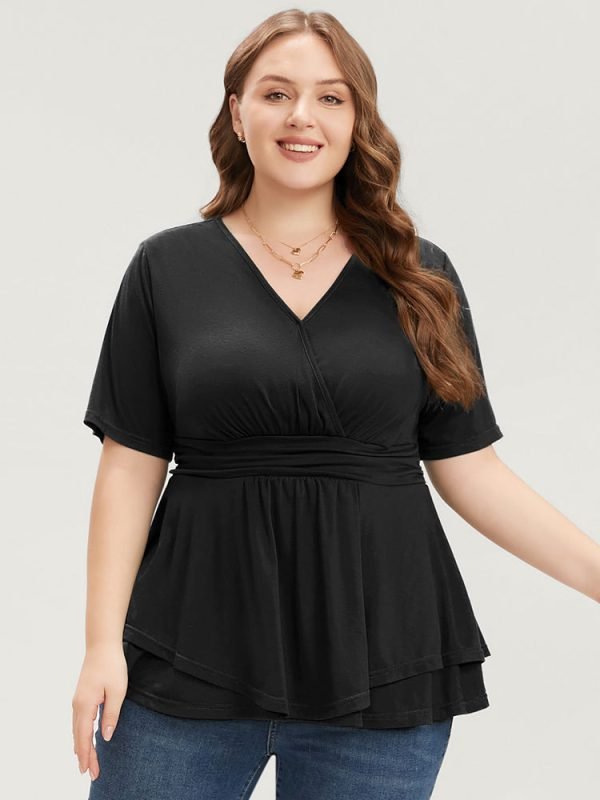 Plain Surplice Neck Gathered Ruffles Asymmetrical Hem T-shirt