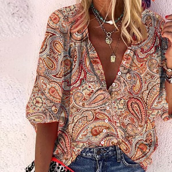 Red Print 3/4 Sleeve Shirt