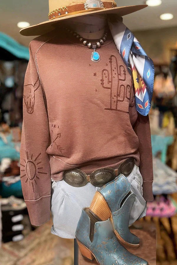 Western Graphic Print Long Sleeve Sweatshirt