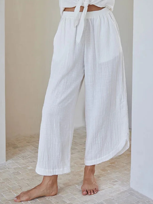 Womens Wide Leg Linen Pants High Waisted Drawstring Flowy Crop Trousers with Pockets