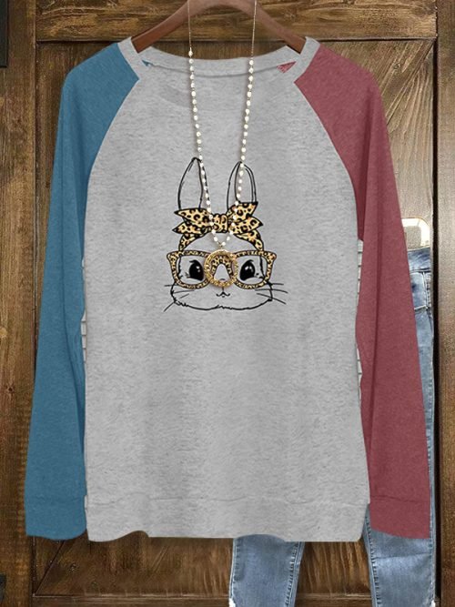 Colorblock Leopard Bunny Print Long Sleeve Top