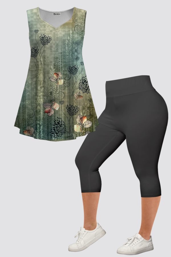 Women's Plus Size Casual Green Retro Floral Print Two Piece Pant Set