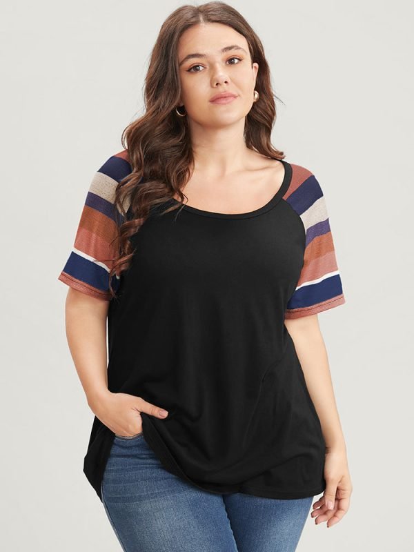 Striped Contrast Raglan Sleeve Round Neck T-shirt
