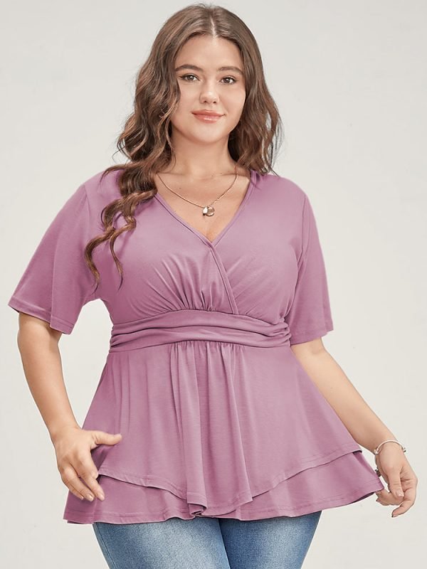 Plain Surplice Neck Gathered Ruffles Asymmetrical Hem T-shirt