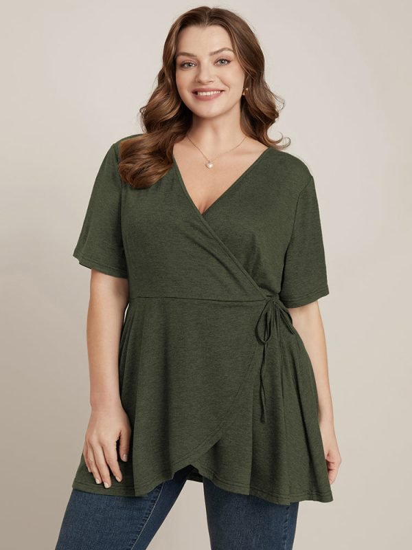 Plain Surplice Neck Tie Side Asymmetrical Hem T-shirt