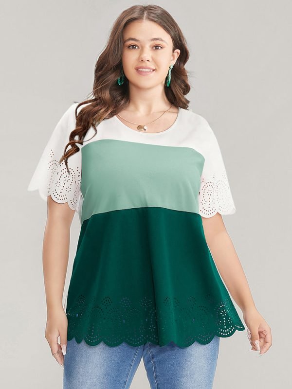 Colorblock Contrast Scalloped Trim Laser Cut Crew Neck T-shirt