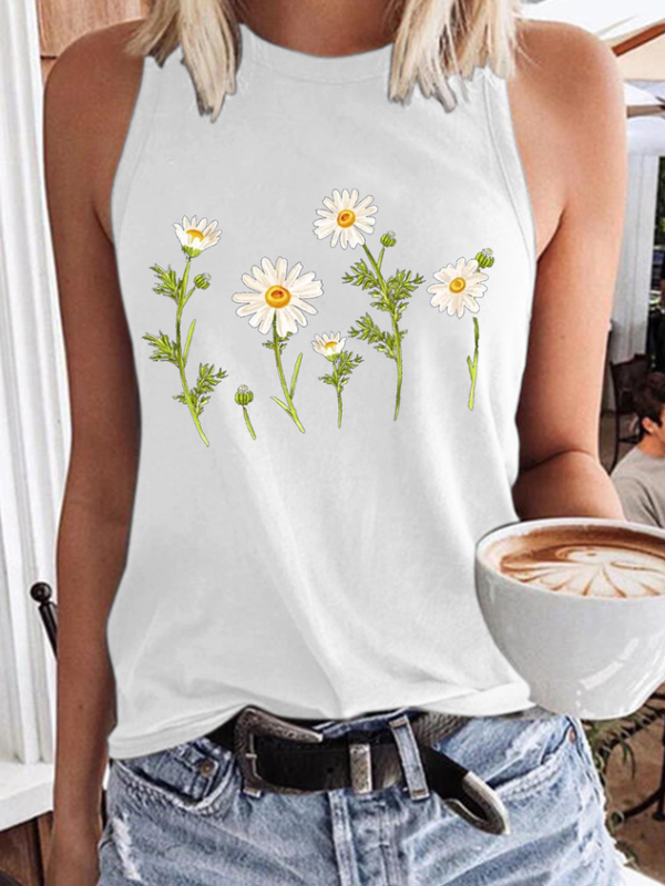 Women's Cute Wildflower Casual Daisy Crew Neck Tank Top