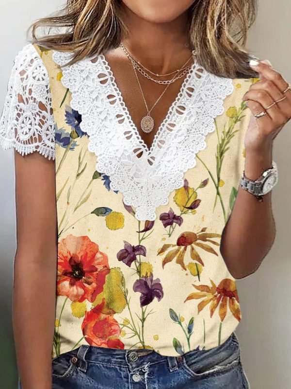 Women's Short Sleeve V Neck Lace Floral Printed Fashion Casual Top
