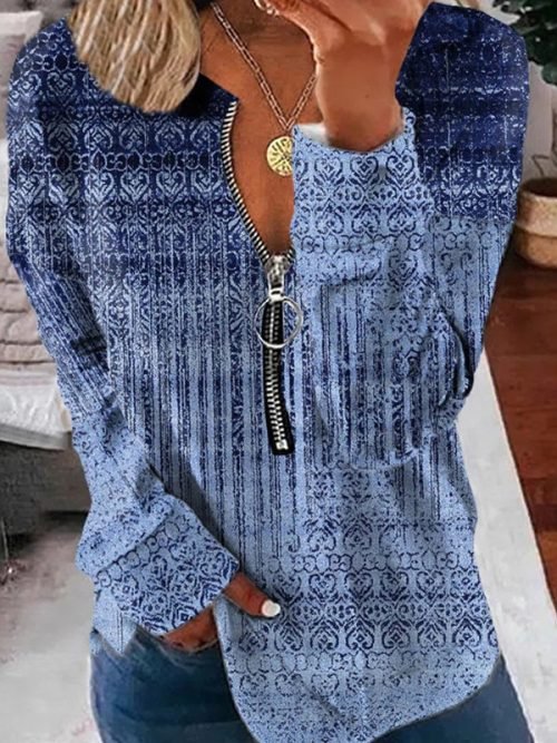 Vintage Graphic Print Zipper Design Top