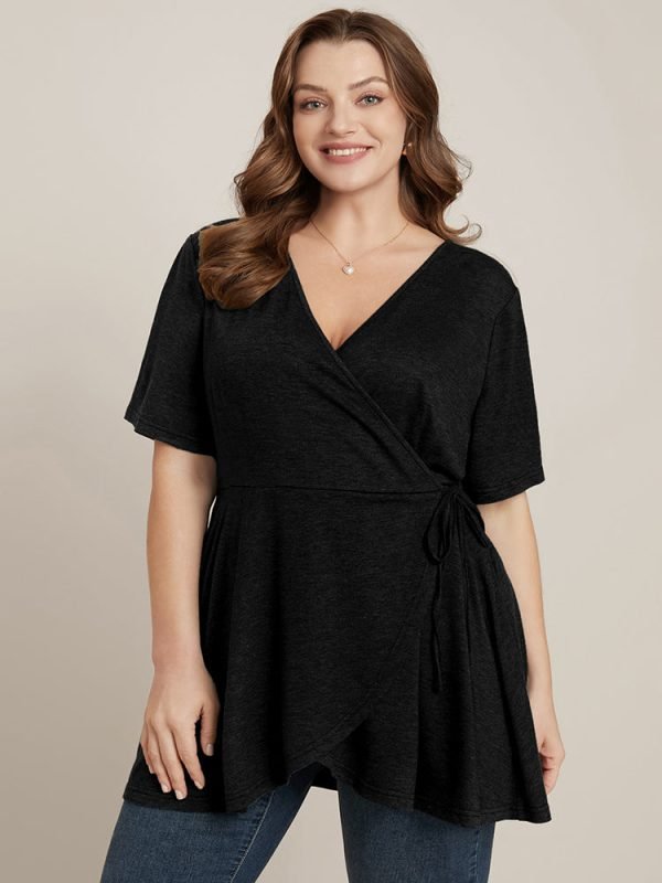 Plain Surplice Neck Tie Side Asymmetrical Hem T-shirt