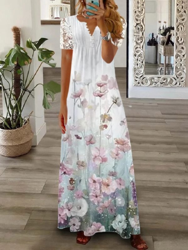 Women's Floral Printed Short Sleeve V-neck Maxi Dress