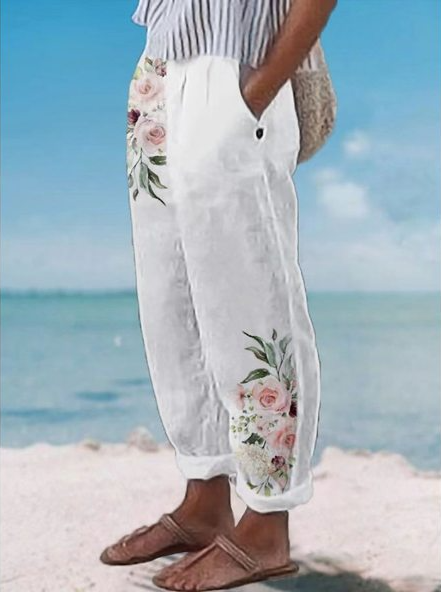 Casual Floral Cotton Pants