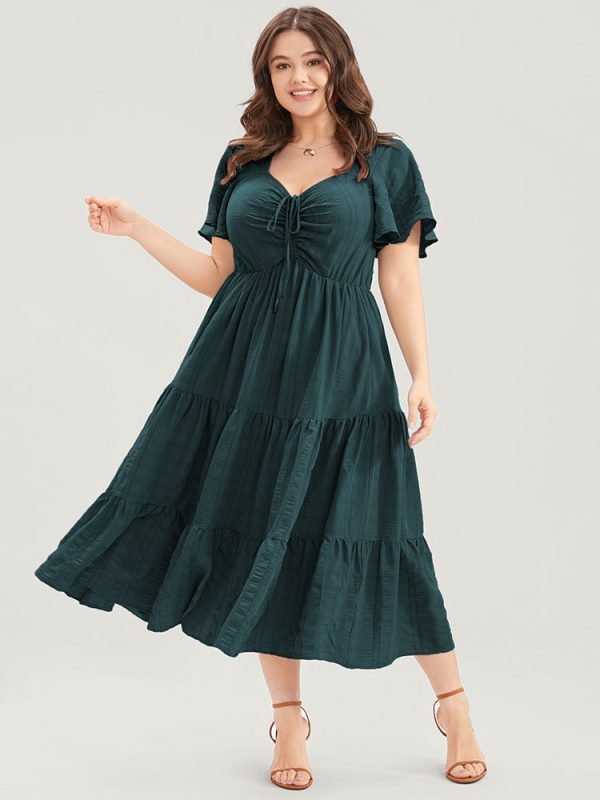 Plain Ruched Drawstring Pocket Ruffle Tiered Dress