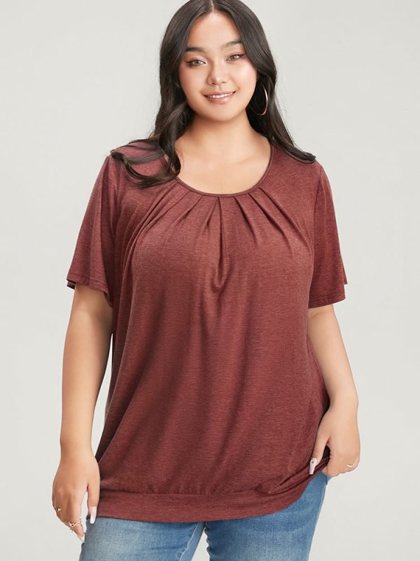 Solid Round Neck Pleated Detail T-shirt