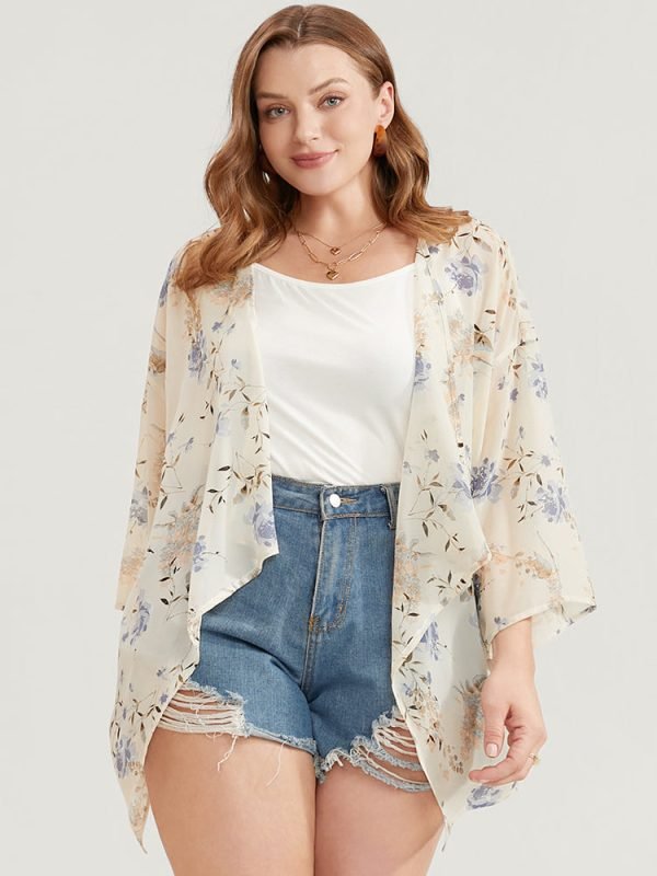 Floral Print Asymmetrical Hem Open Front Cover Up