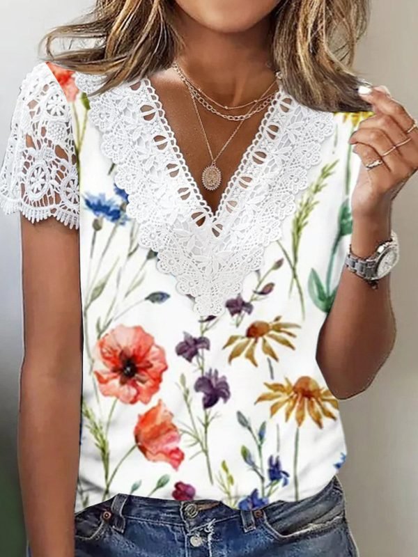 Women's Short Sleeve V Neck Lace Floral Printed Fashion Casual Top