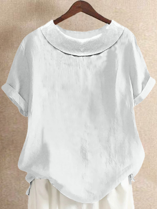 Women Causal Ruched Crew Neck Cotton And Linen Short Sleeve Summer Plain T-shirt