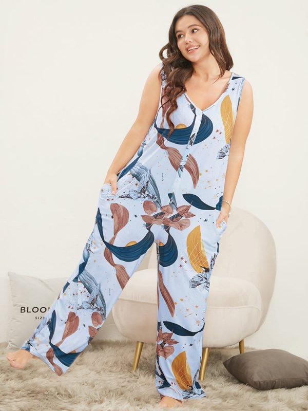 Star & Plant Sleeveless Button Up Pocket Jumpsuit