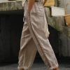Loose Casual Hollow Out Lace Pockets Drawstring Waist Plain Linen Pants