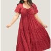 Polka Dot Drawstring Ruffle Tiered Ruched Pocket Midi Dress