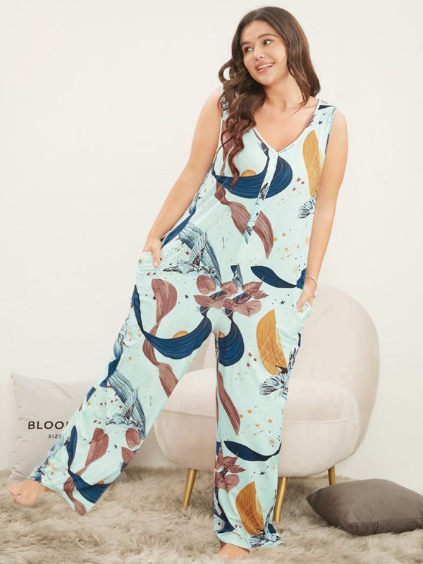 Star & Plant Sleeveless Button Up Pocket Jumpsuit
