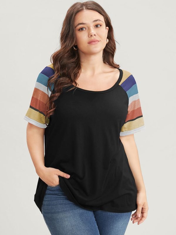 Striped Contrast Raglan Sleeve Round Neck T-shirt