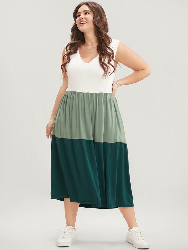 Colorblock Contrast Sleeveless Pocket Ruffle Hem Tank Dress