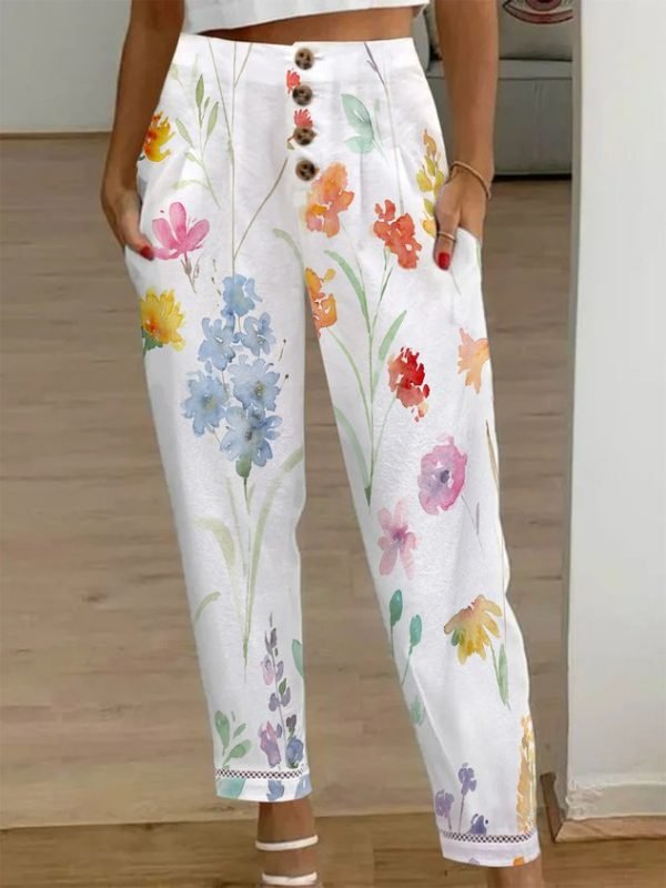 Floral Buckle Pockets Hollow Out Lace Casual Pants