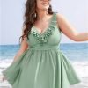 Ruffle Trim Adjustable Straps Gathered Sculpt Waist Swim Dress
