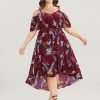 Floral Cold Shoulder Pocket Ruffle Belted High Low Hem Dress