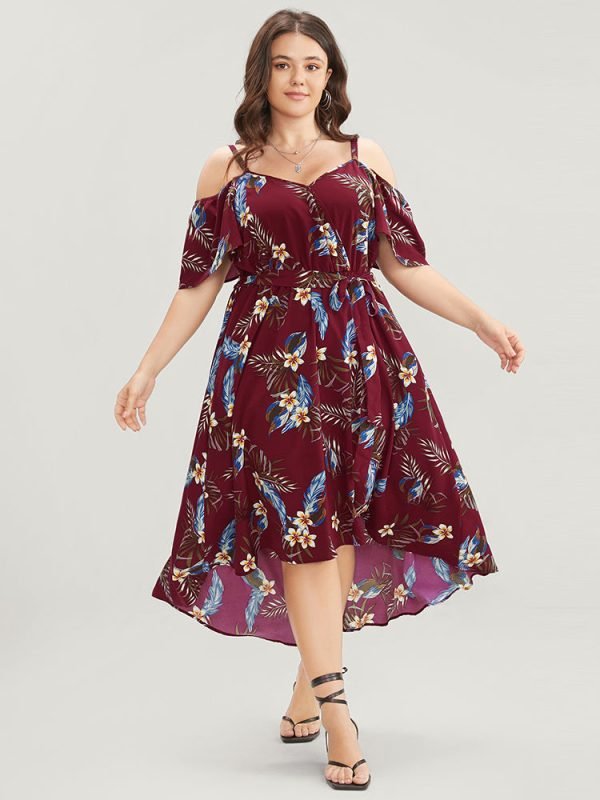 Floral Cold Shoulder Pocket Ruffle Belted High Low Hem Dress