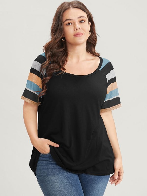 Striped Contrast Raglan Sleeve Round Neck T-shirt